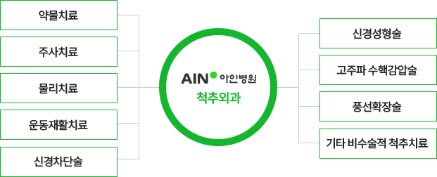 아인병원 척추외과 척추 비수술치료는 약물치료, 주사치료, 물리치료, 운동재활치료, 신경차단술, 신경성형술, 고주파 수핵감압술, 풍선확장술, 기타 비수술적 척추치료로 구성되어있습니다.