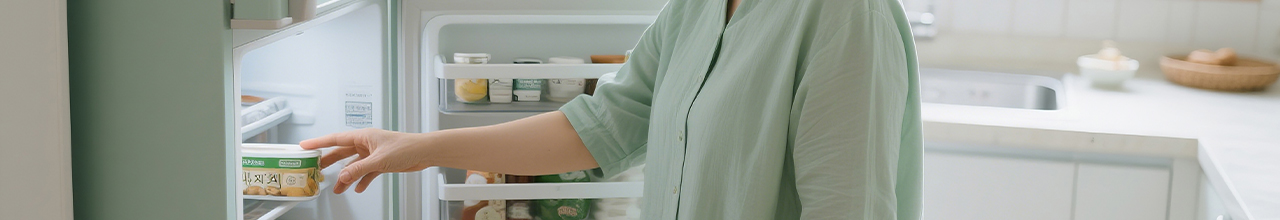 냉장고 음식을 잡는 이미지
